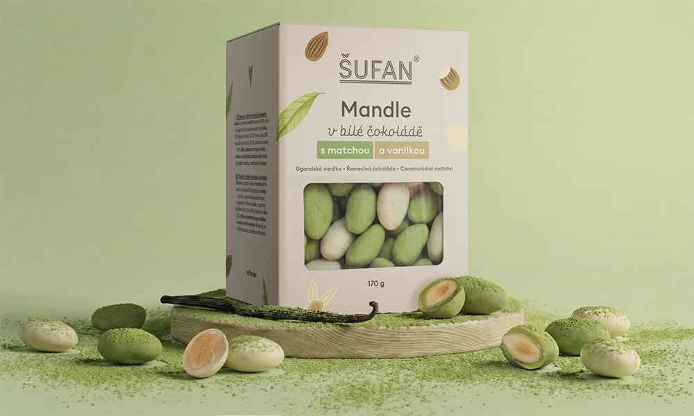 Šufan Mandle v bílé čokoládě s matchou a vanilkou 170 g