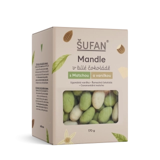 Šufan Mandle v bílé čokoládě s matchou a vanilkou 170 g